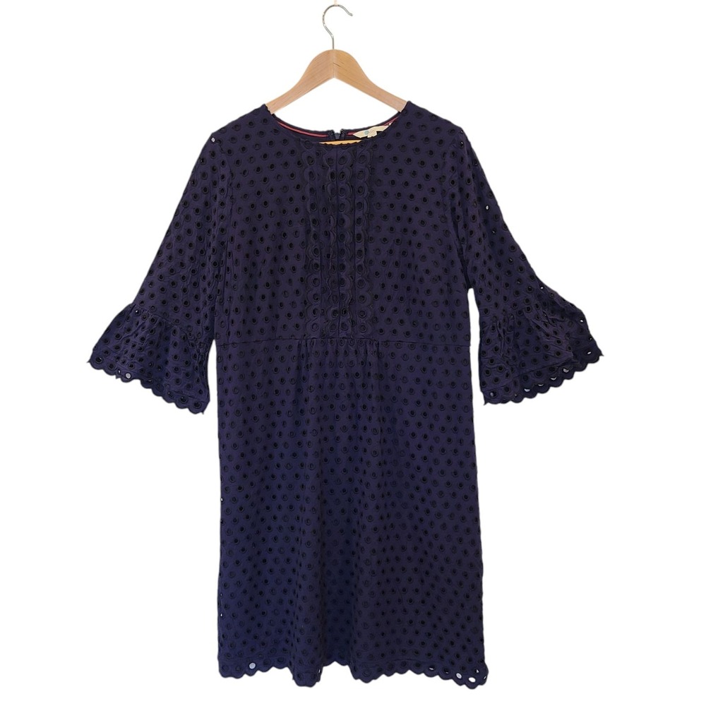 Boden Scallop Broderie Dress Eyelet Size 14 Navy Blue 3/4 Flared Sleeve‎ Lined